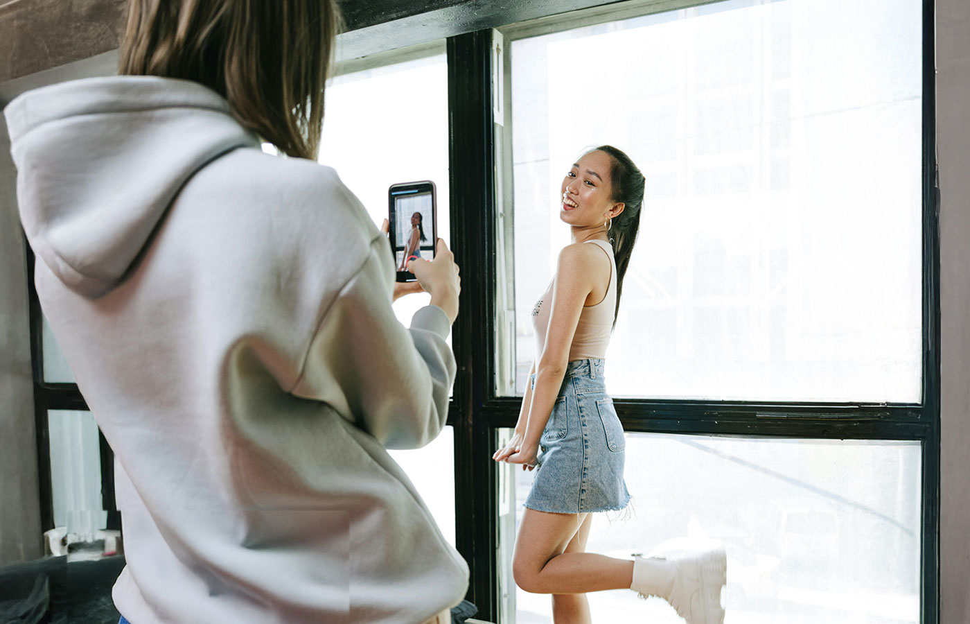 Short-form video filming setup with lights and smartphone camera