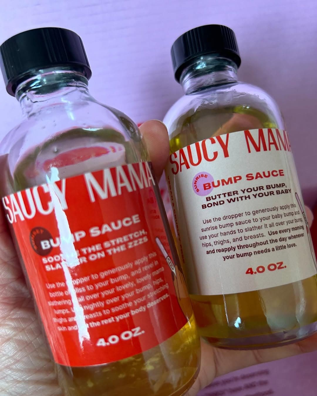 Saucy Mama marketing visual showing the pregnancy skincare brand in campaign use