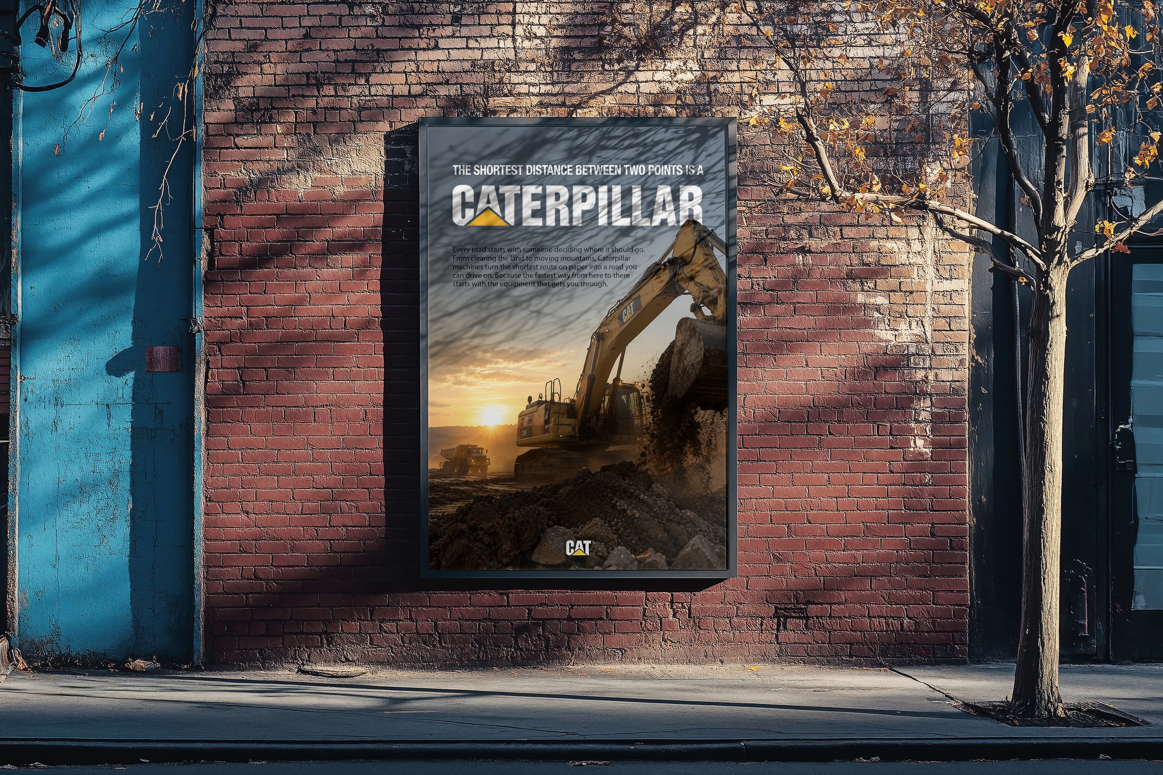 Caterpillar heavy equipment street poster advertising concept at sunrise