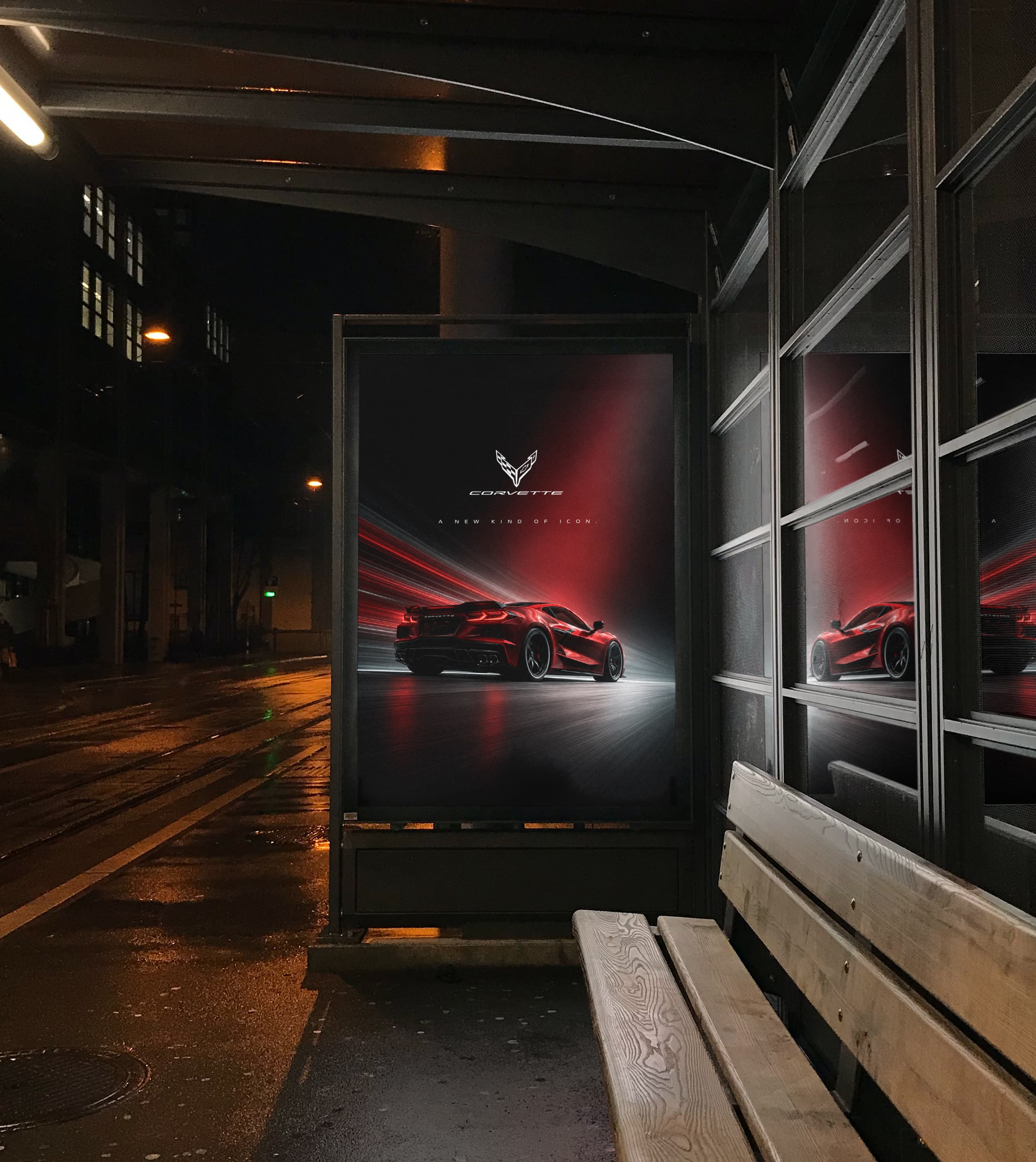 Chevrolet Corvette bus shelter poster advertising concept at night | Selected creative work for Consumer & Retail