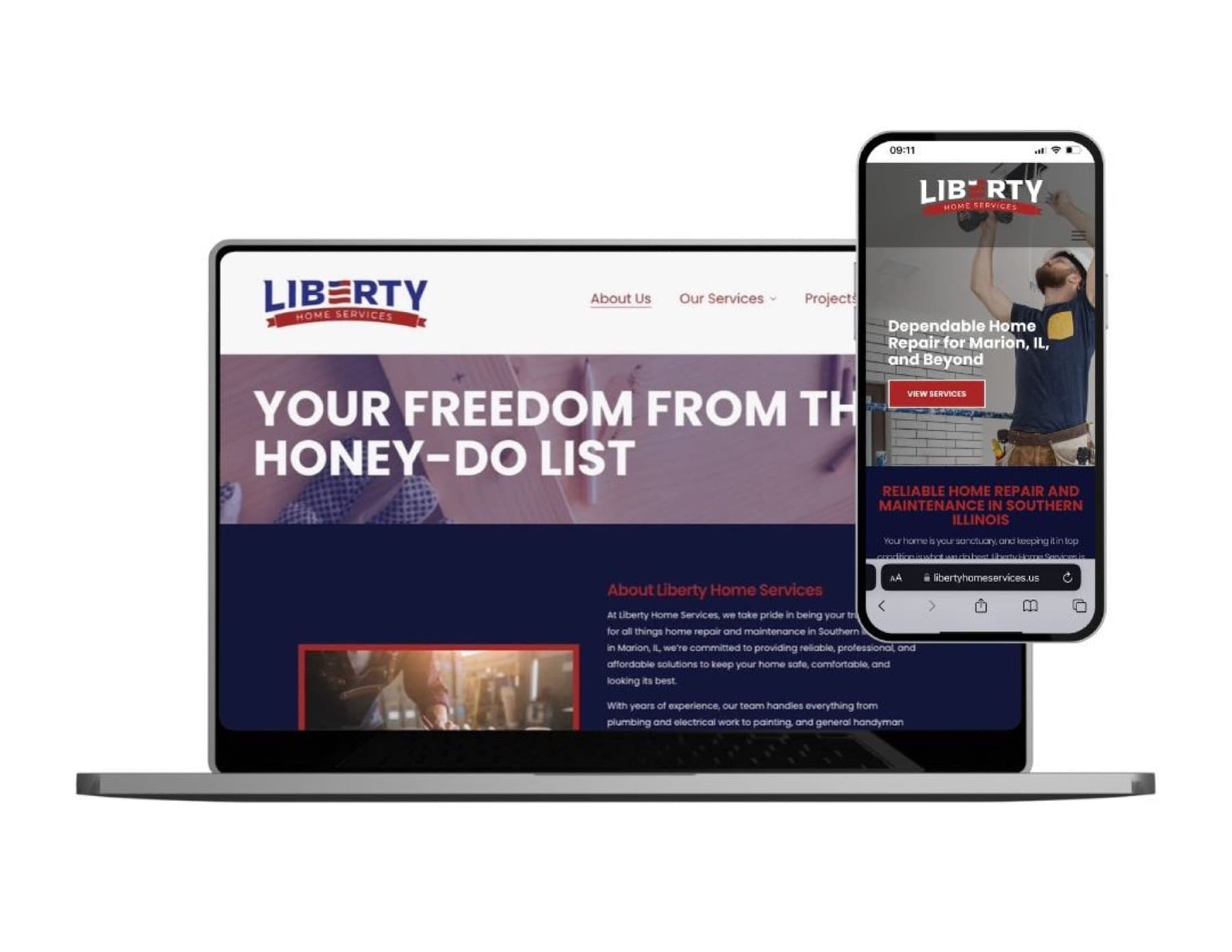 Liberty Home Services website design illustrating email, sms & lifecycle for Marion, Illinois