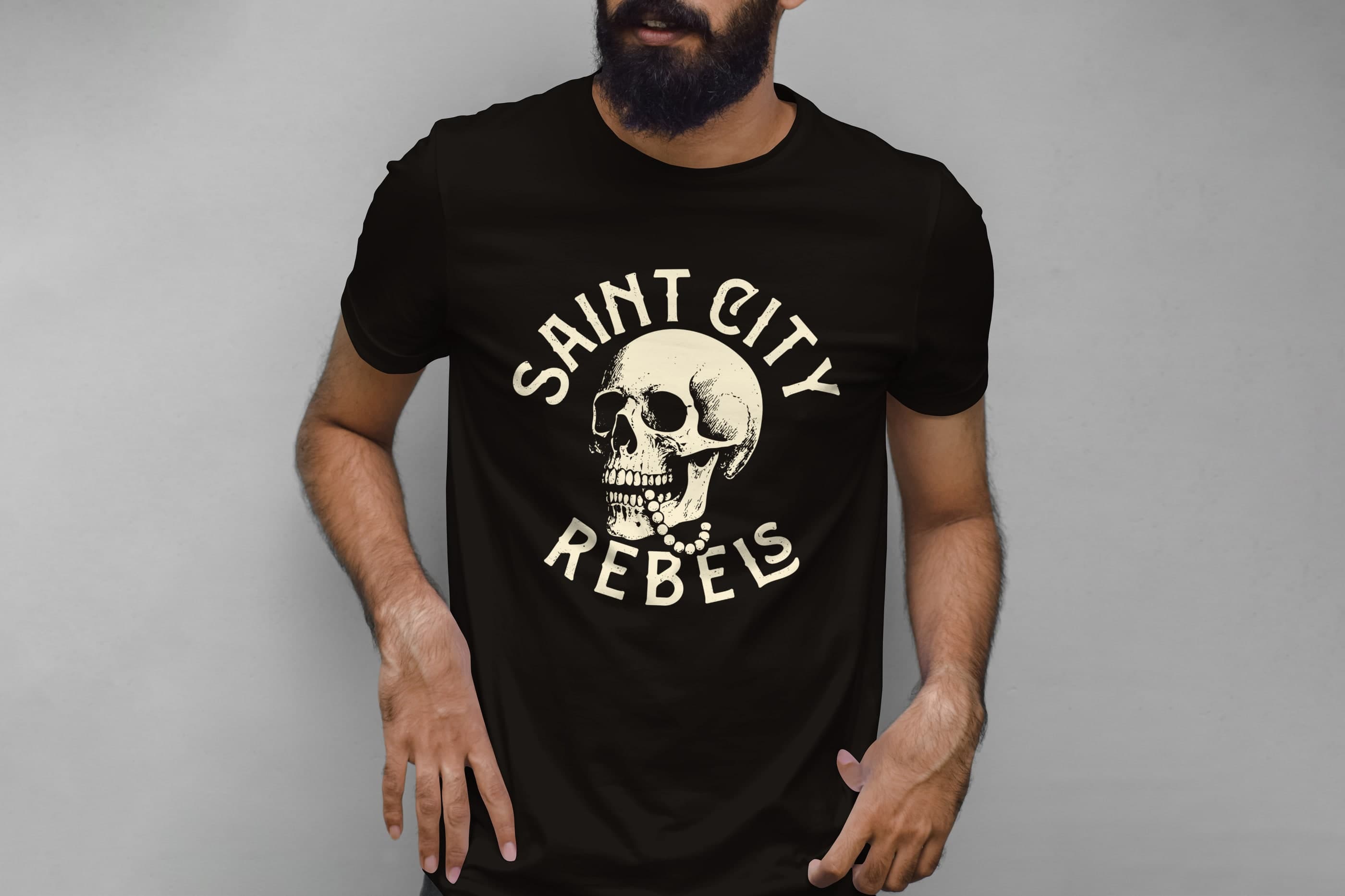Saint City Rebels Southern Illinois rock band skull graphic on a black T-shirt