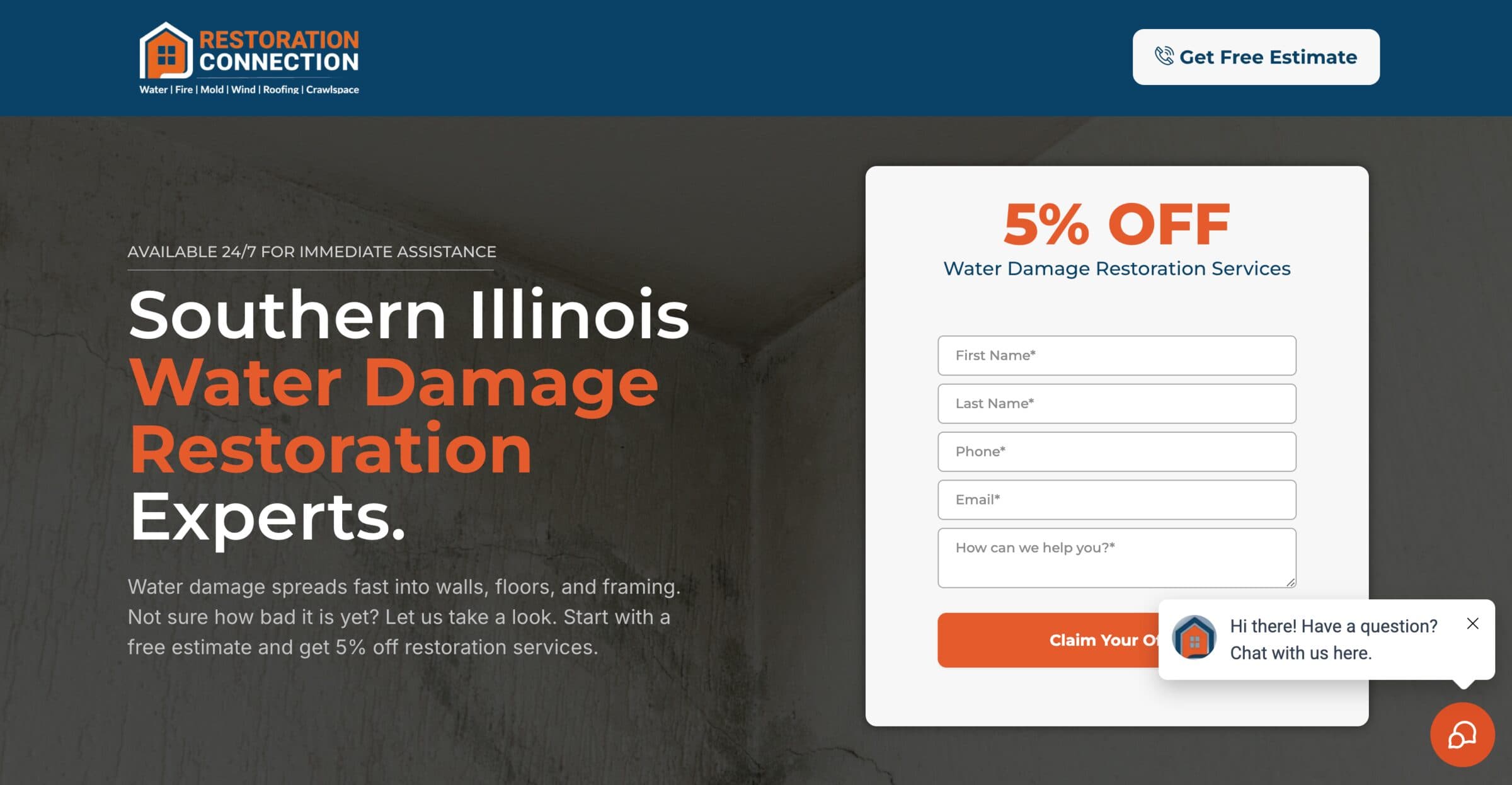 Restoration Connection water damage landing page with estimate form illustrating logo design & branding for St. Louis, Missouri
