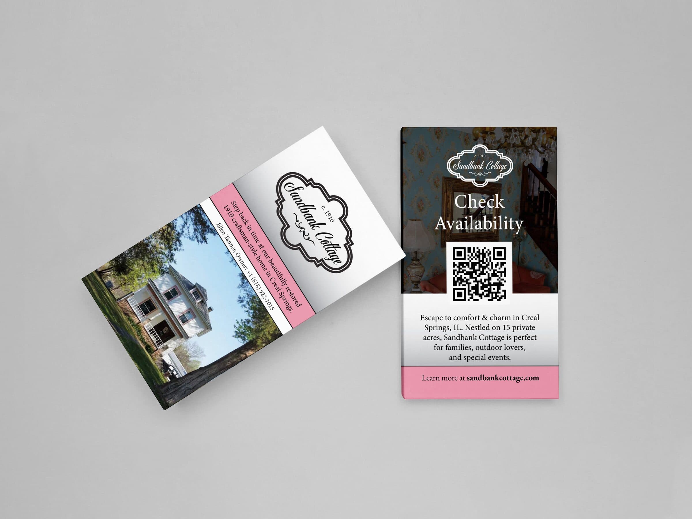 Sandbank Cottage card with a QR code to check availability