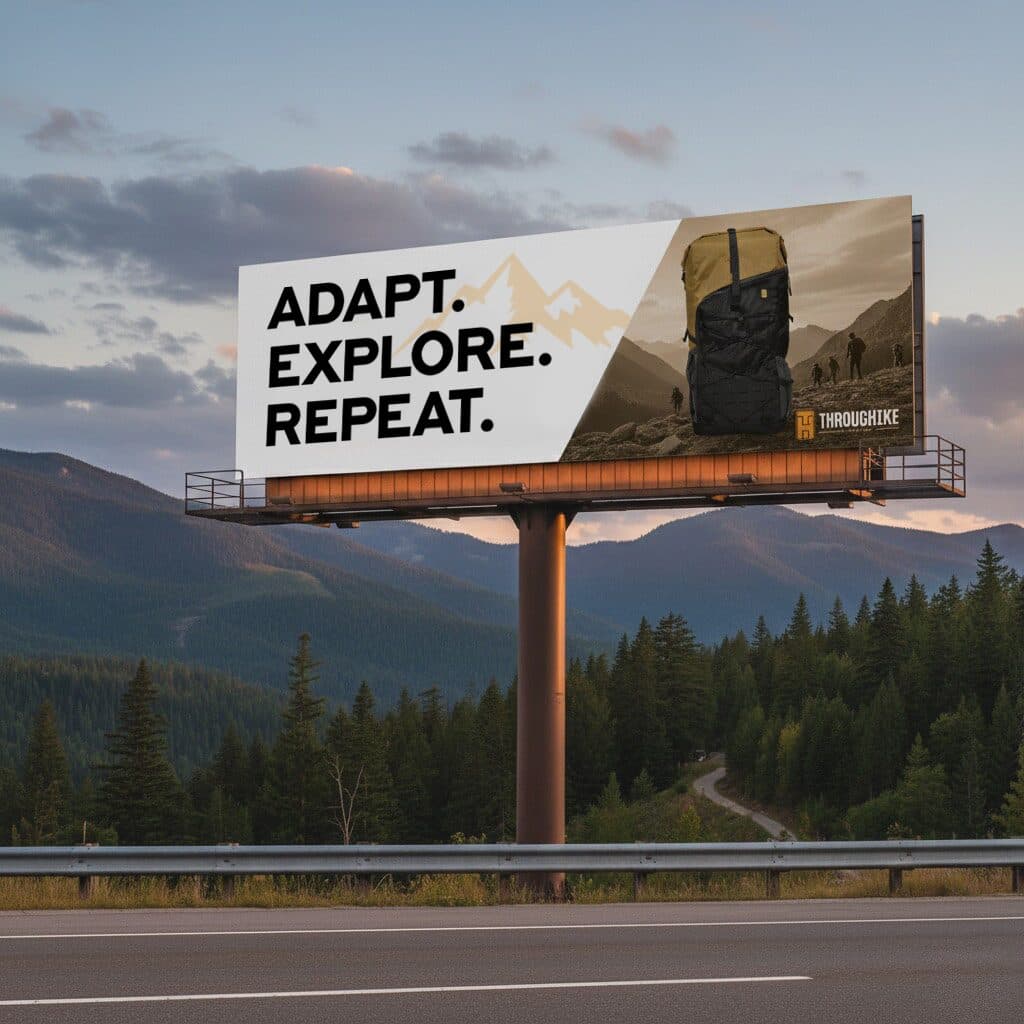 Throughike “Adapt. Explore. Repeat.” billboard illustrating logo design & branding for Chicago, Illinois