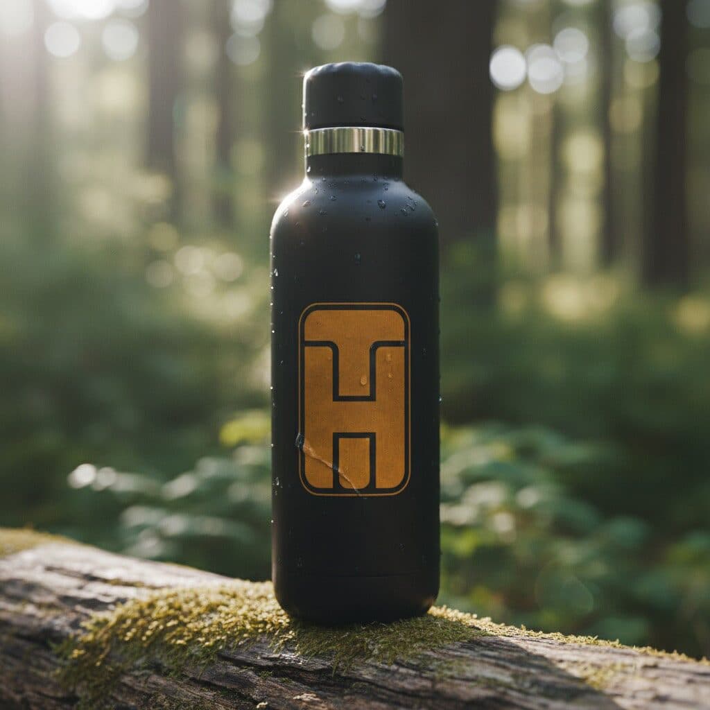 Throughike branded water bottle in a forest illustrating social media & content for Southern Illinois