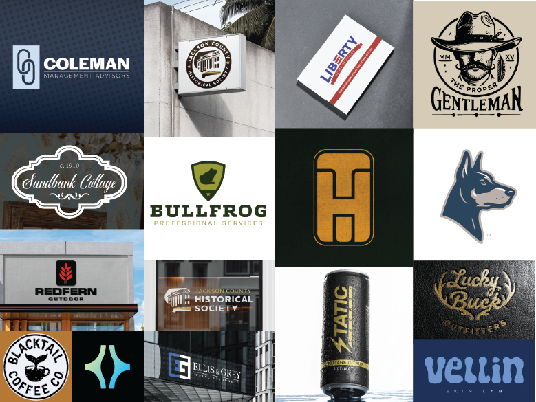 Logo design collage showcasing brand mark applications
